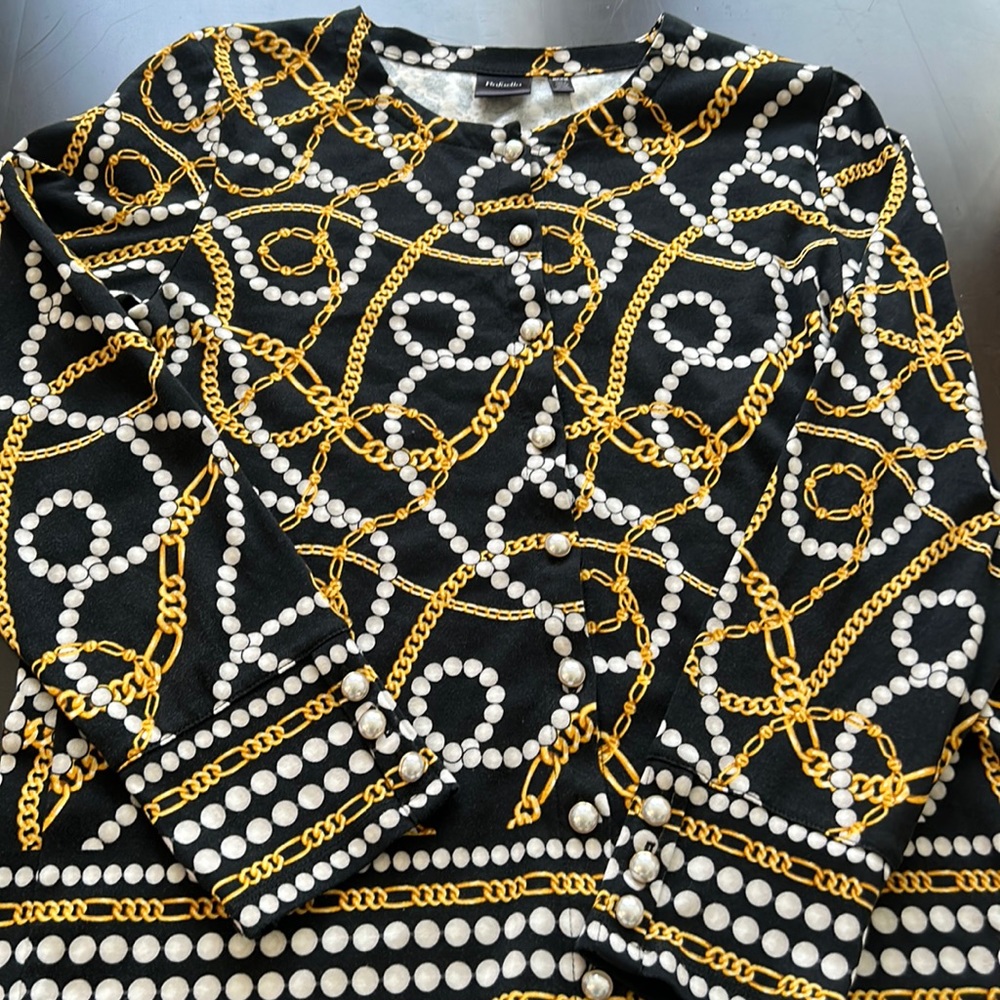 Cardigan with gold chains and pearls